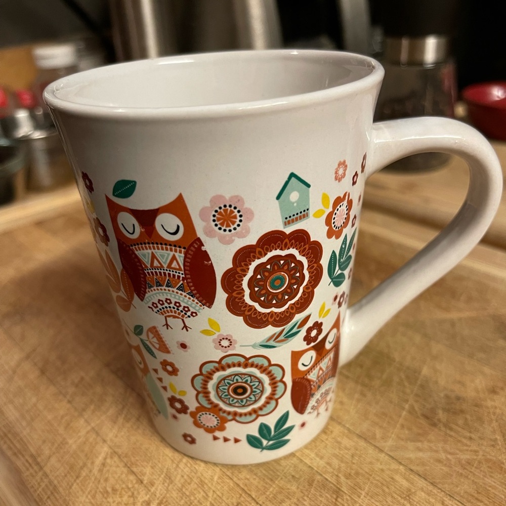 Owl graphic Coffee mug birdhouse, flowers. 16oz